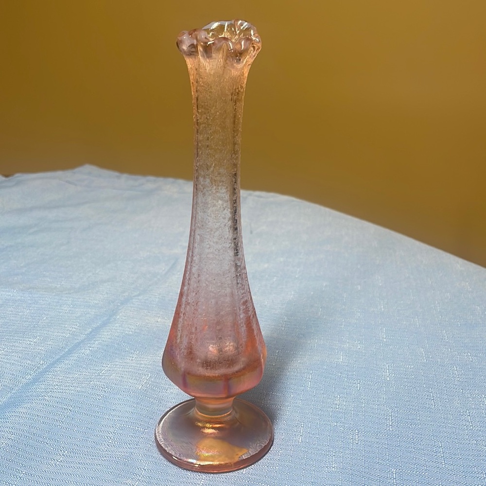 Sold
Fenton 8” Iridescent Velva Rose Pink Swung Stretch Glass Vase 75th Anniv